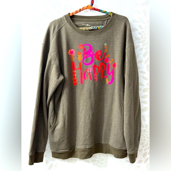 NATURAL LIFE Tops - Natural Life Be Happy Colorful Boho Crewneck Pullover Fleece Sweatshirt Pockets